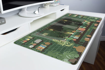 Cute Rainy Night Desk Mat Green Plants Desk Pad, Anime Black Cat Kawaii Large Gaming Mouse Pad, Moonlight Fireflies Deskmat Aesthetic Mousepad XXL, Laptop Keyboard Pad for Women Desk 31.5"x15.75"