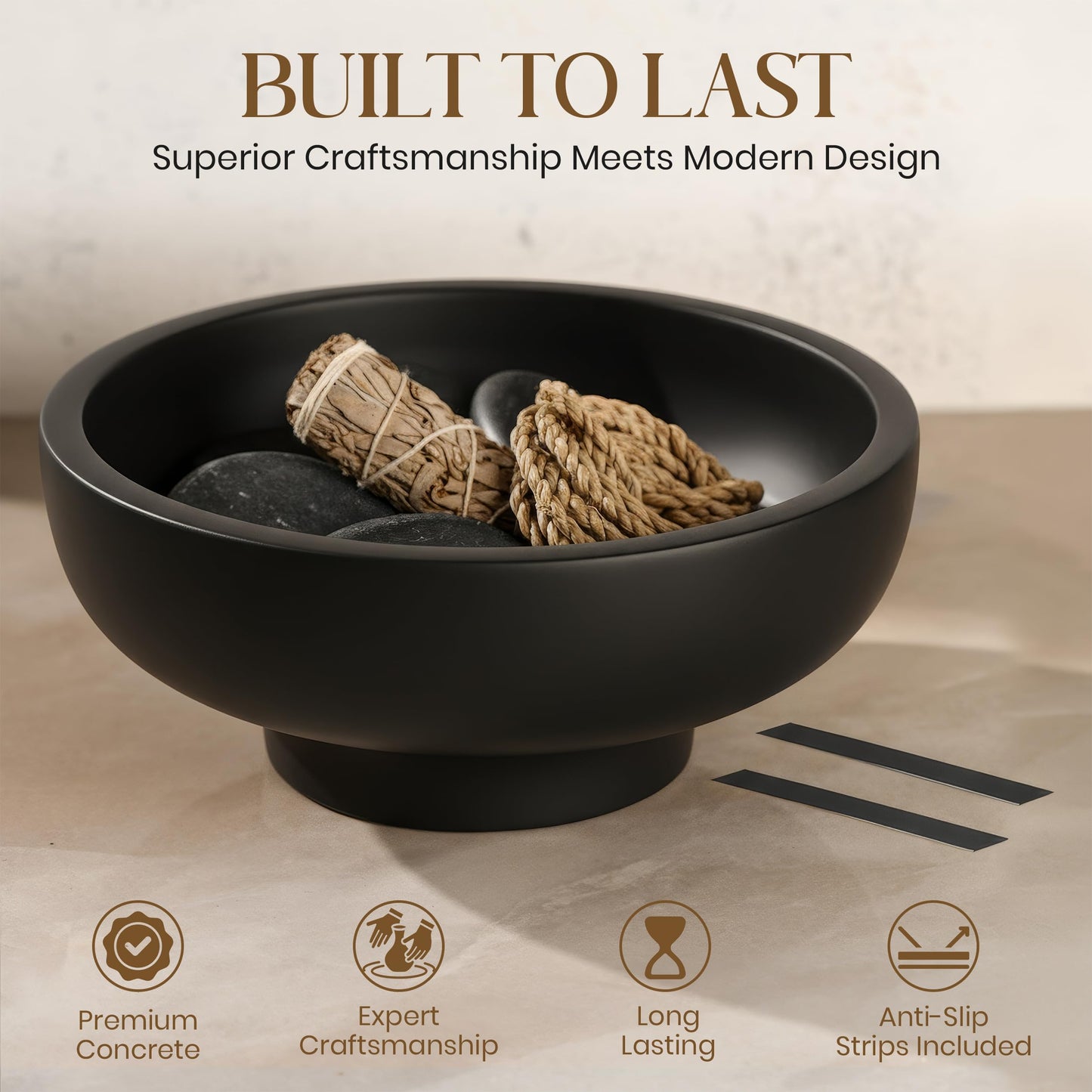 E-Click Commerce Handmade Concrete Decorative Bowl (Black) – Modern Minimalist Centerpiece for Coffee Table, Kitchen Counter & Entryway – Large 10” Artisan Fruit Bowl, Unique Home Decor Accent