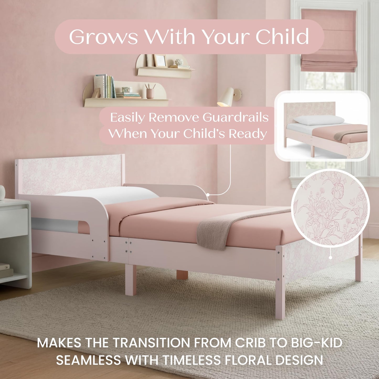 Delta Children Cora Wood Twin Bed with Removable Guardrails - Wood Twin Bed with Slats Supports for Girls & Boys Teens, No Box Spring Needed, Pink Floral Toile