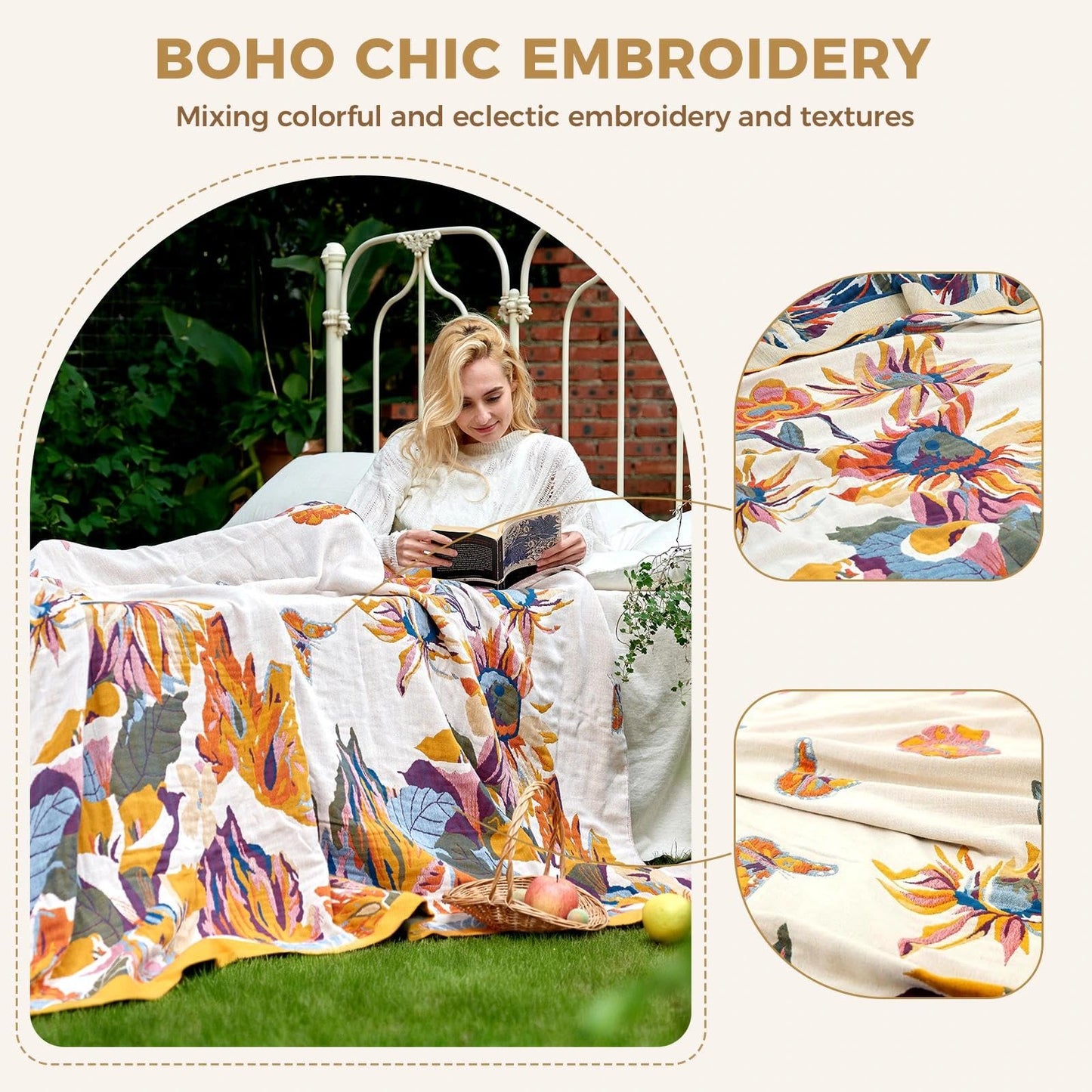 LUTBM Boho Throw Blanket 100% Cotton Soft Bed Throw Twin Lightweight Summer Blanket Floral Bird & Butterfly Room Decor Breathable Bed Blankets,60"x80" All Season Reversible Blankets for Couch Chair