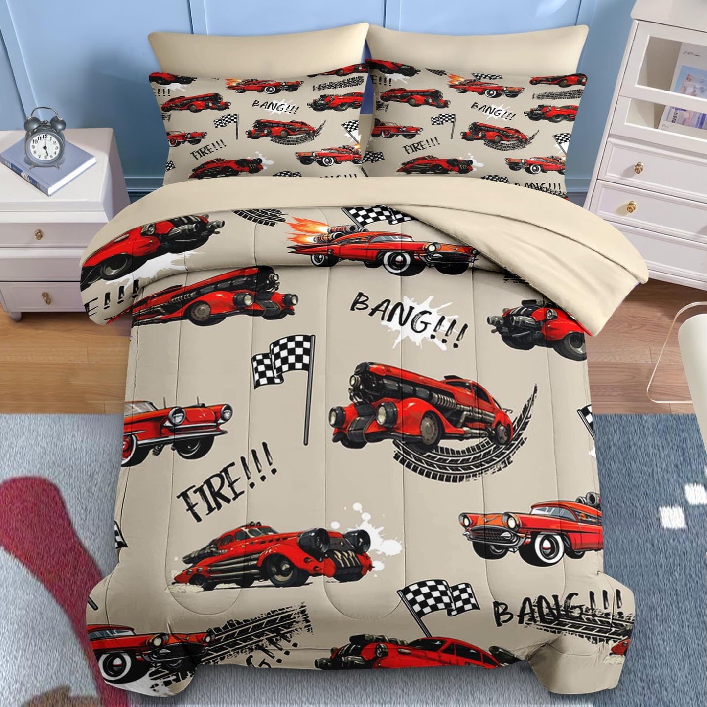 Nesker 5 Pcs Car Comforter Set Twin Size, Rad Race Car Boys Bedding Brown Black Bed in a Bag for Kids and Adults, Retro Cool Truck Bed Sheet Sets with Fitted Sheet Pillowcases & Shams