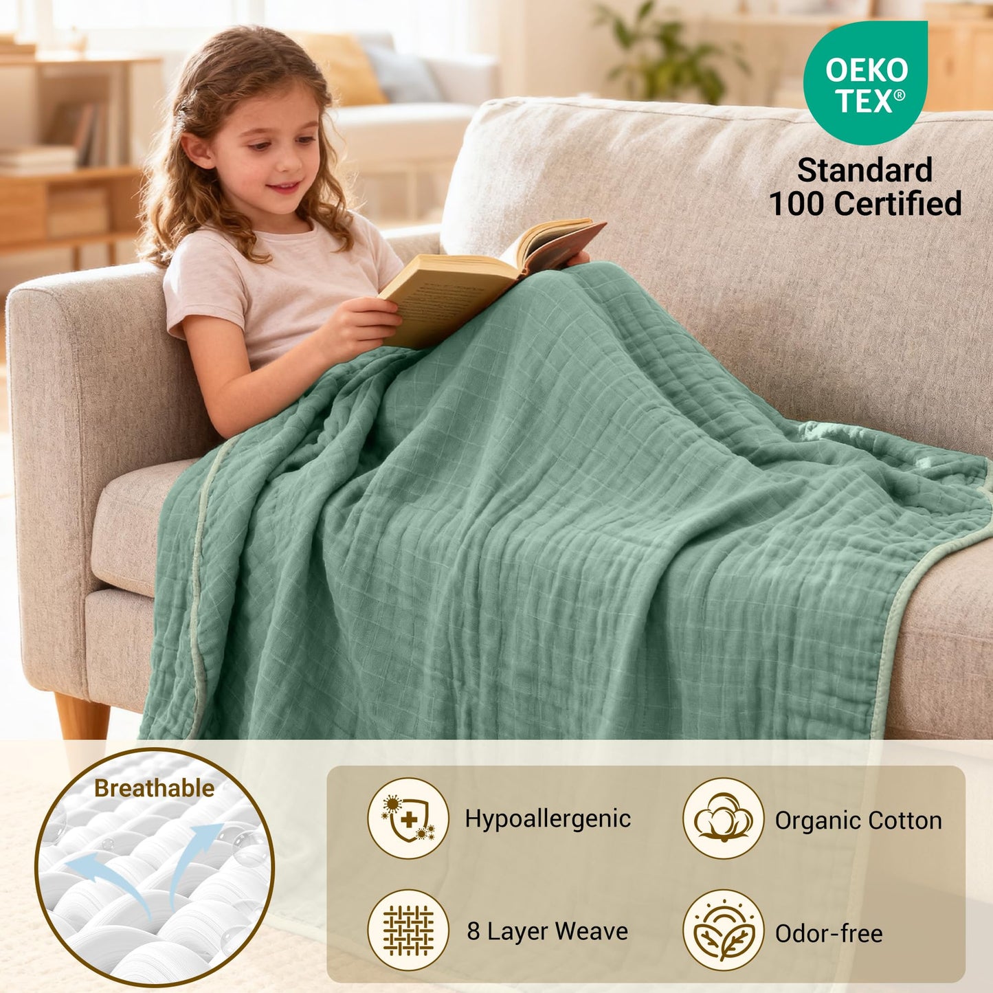 ZPECC Muslin Toddler Blanket Thicker, 47x47 Organic Cotton Kids Quilt Hypoallergenic for Baby Essentials Crib Stroller Daycare Cot, Sage Green