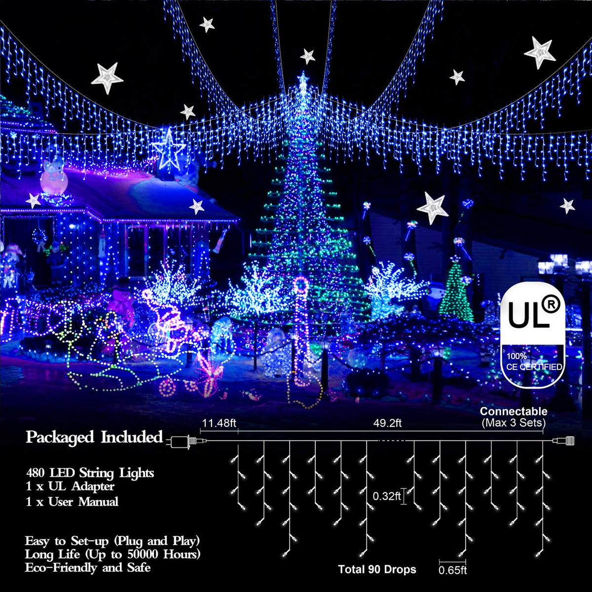 FLVOECN 480 LED 49FT Christmas Lights Plug in 8 Modes with Timer Dimmable Christmas Decorations Outdoor Waterproof Indoor Curtain String Lights for Roof Porch Garden Holiday Wedding Party Decor Blue