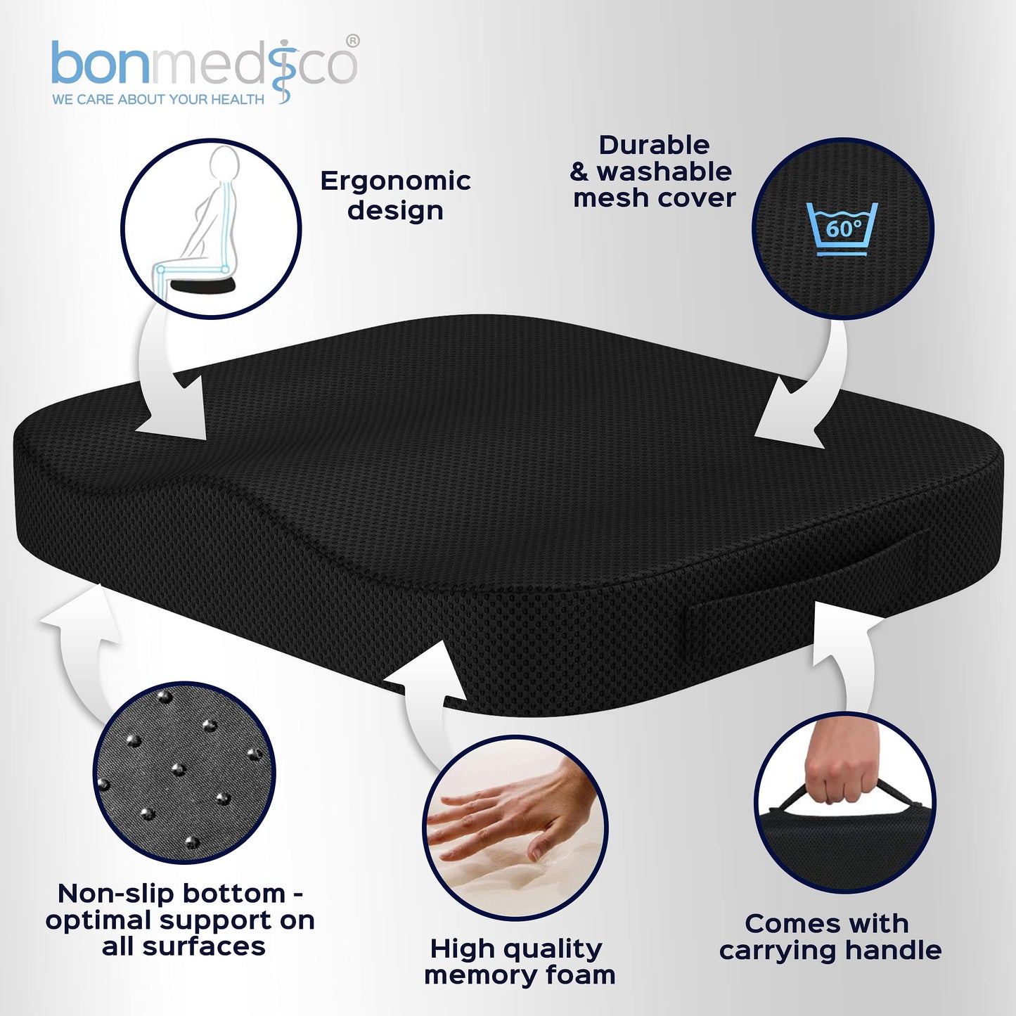 bonmedico Memory Foam Seat Cushion for Office Chair - Non-Slip, Seat Pads for Coccyx Pain Relief to Support Standing - Portable Car Seat Cushion w/Handle for Lower Back Support