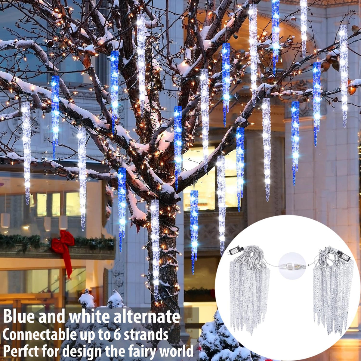 TWINKVILLA Blue and White Icicle Lights for Outside, Christmas Lights Outdoor with 20 Large Tubes, 29FT 8 Modes with Timer, Connectable Meteor Shower Light for Eave Roofline Tree Decoration