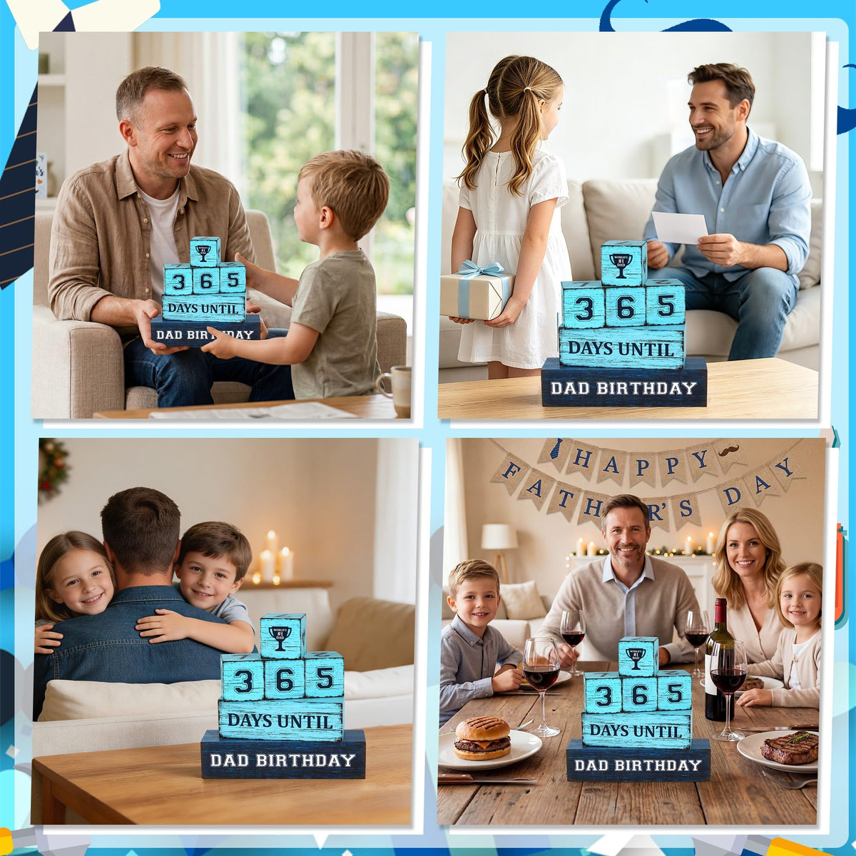 365 Days Dad Birthday Countdown Wooden Tiered Tray Decor, Father Day Decorations Gifts for Home, Daddy Papa Pop Grandpa Table Centerpiece for Office Kitchen Office