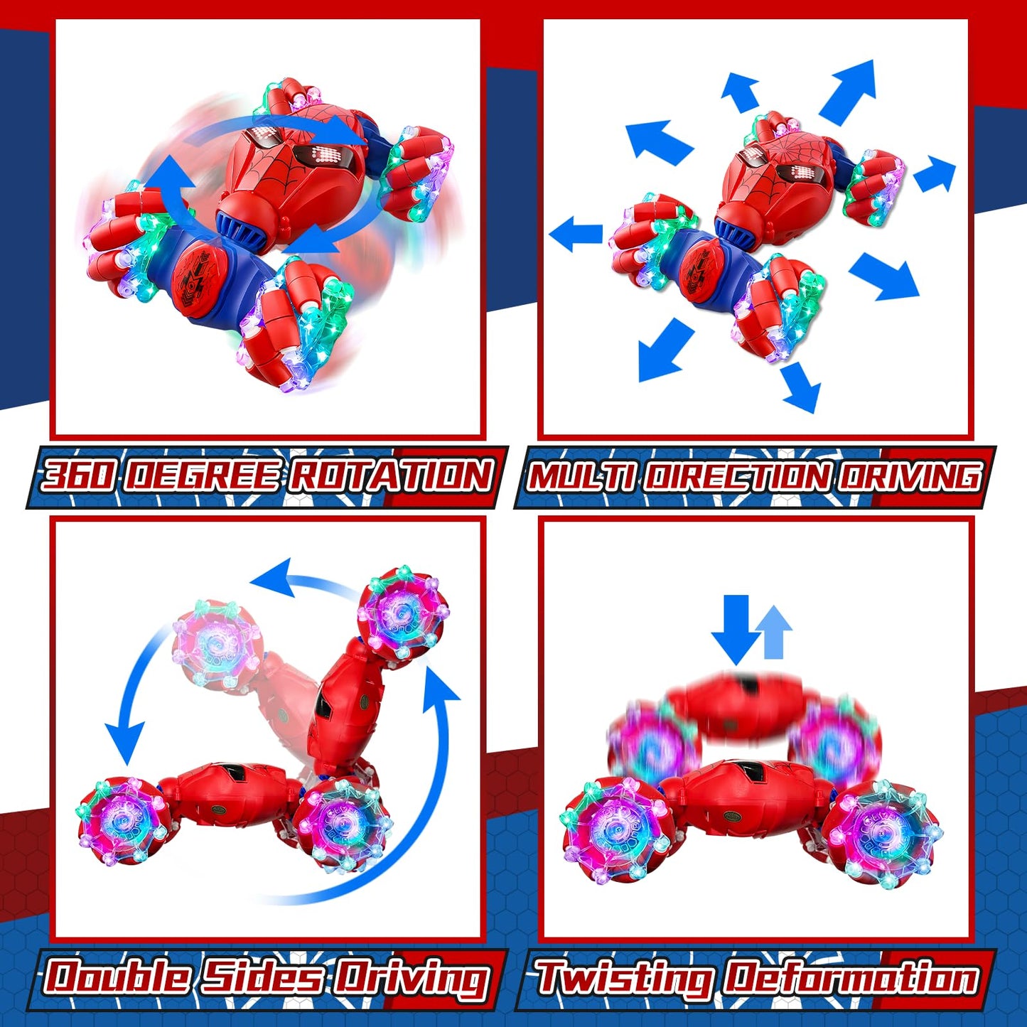 S-pider Rc Gesture Sensing Stunt Car Toys for Boys 4-14 Years Old, Drift Hand Control Remote Control Cars with Light & Music, 360°Rotation Double Side Cars Birthday Gifts for Kids Age 5 6 7 8 9 10 11
