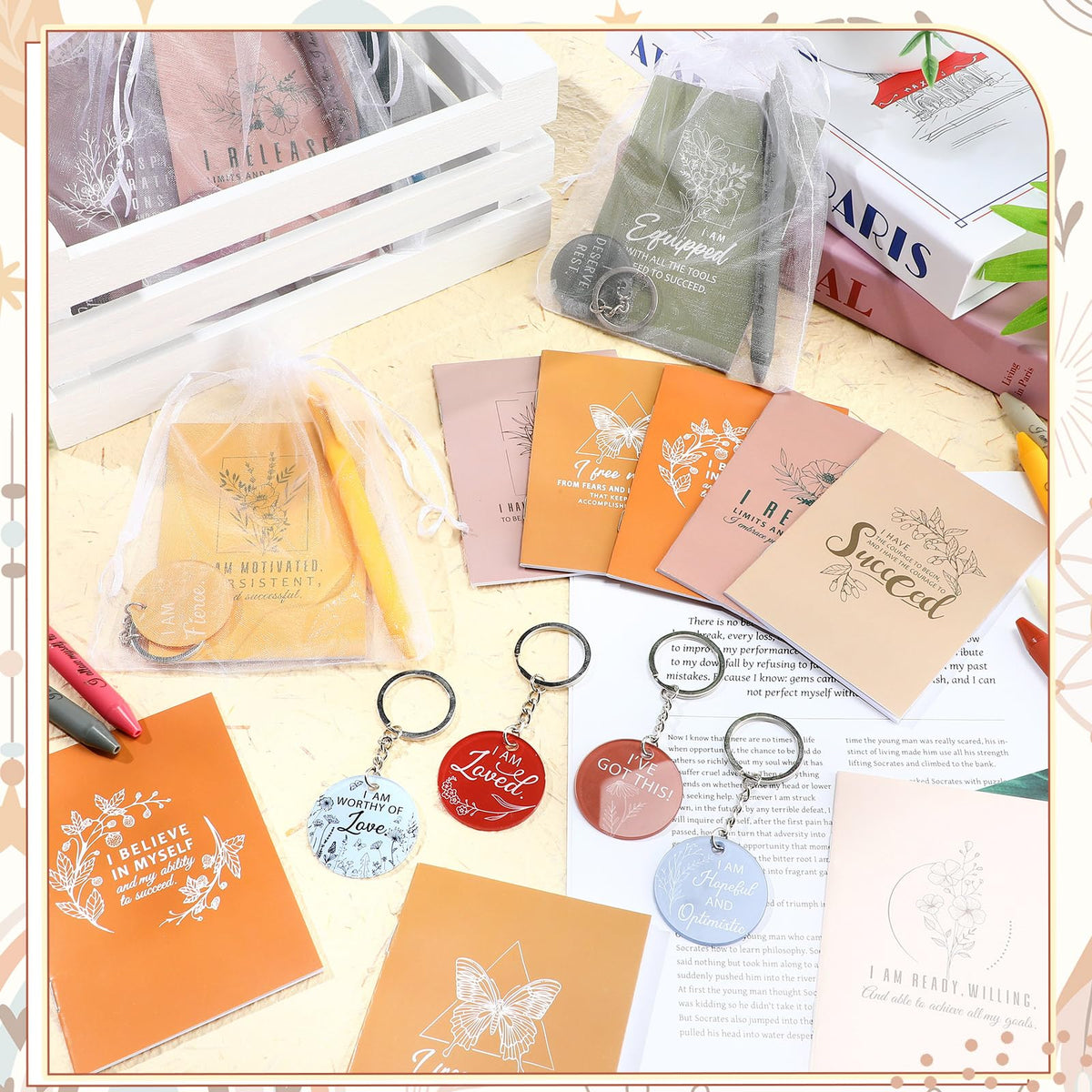 Mooliwe 24 Set Positive Affirmation Gift Set Gratitude Notebooks with Pens Acrylic Keychains Small Bags Motivational Notepads for Women Coworkers Christmas Adults Party Favors (Vibrant)