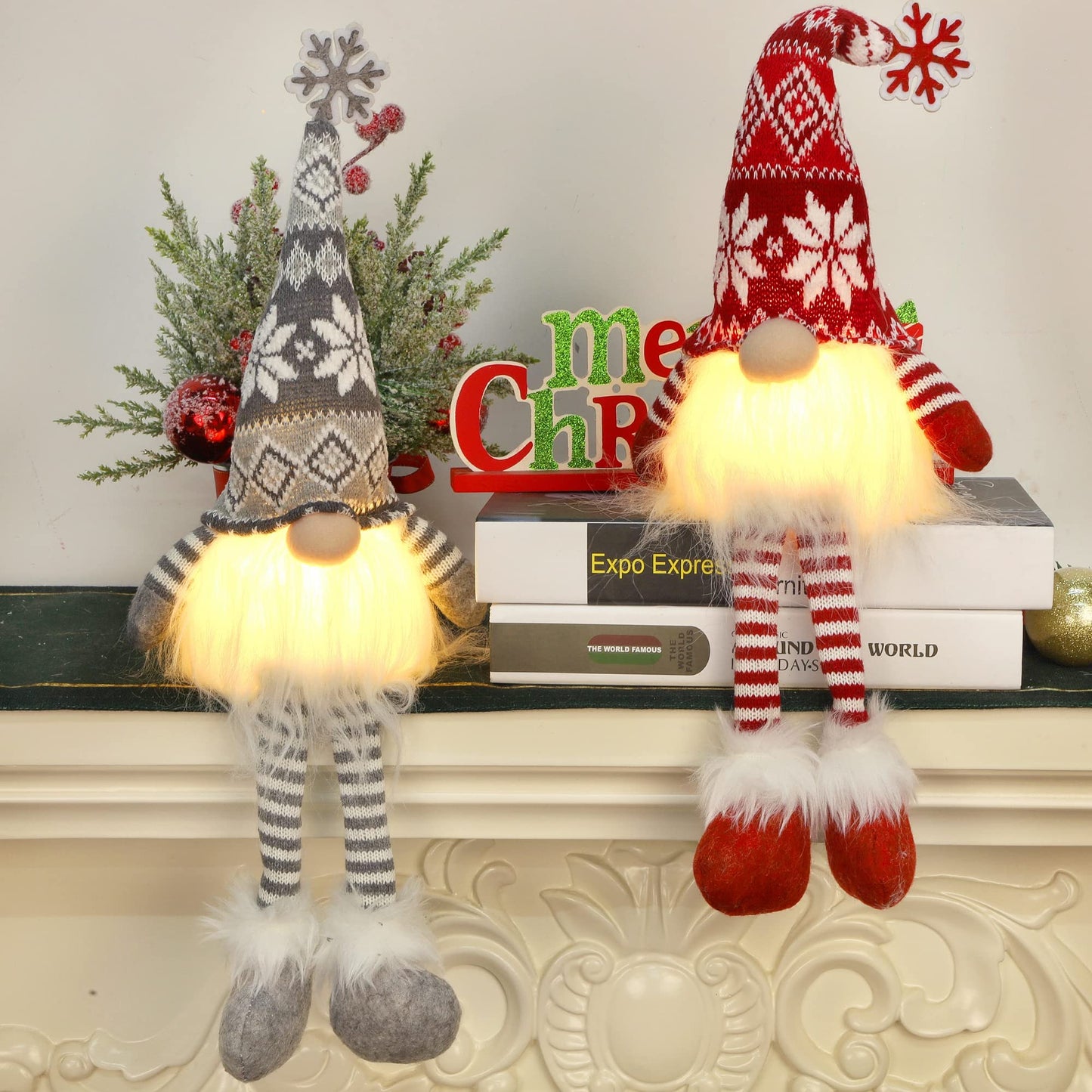 Juegoal 2 Pack Lighted Christmas Gnomes with Dangling Legs, 19.5Inch Handmade Scandinavian Swedish Tomte, Battery Operated Winter Tabletop Christmas Decorations Collectible Figurines