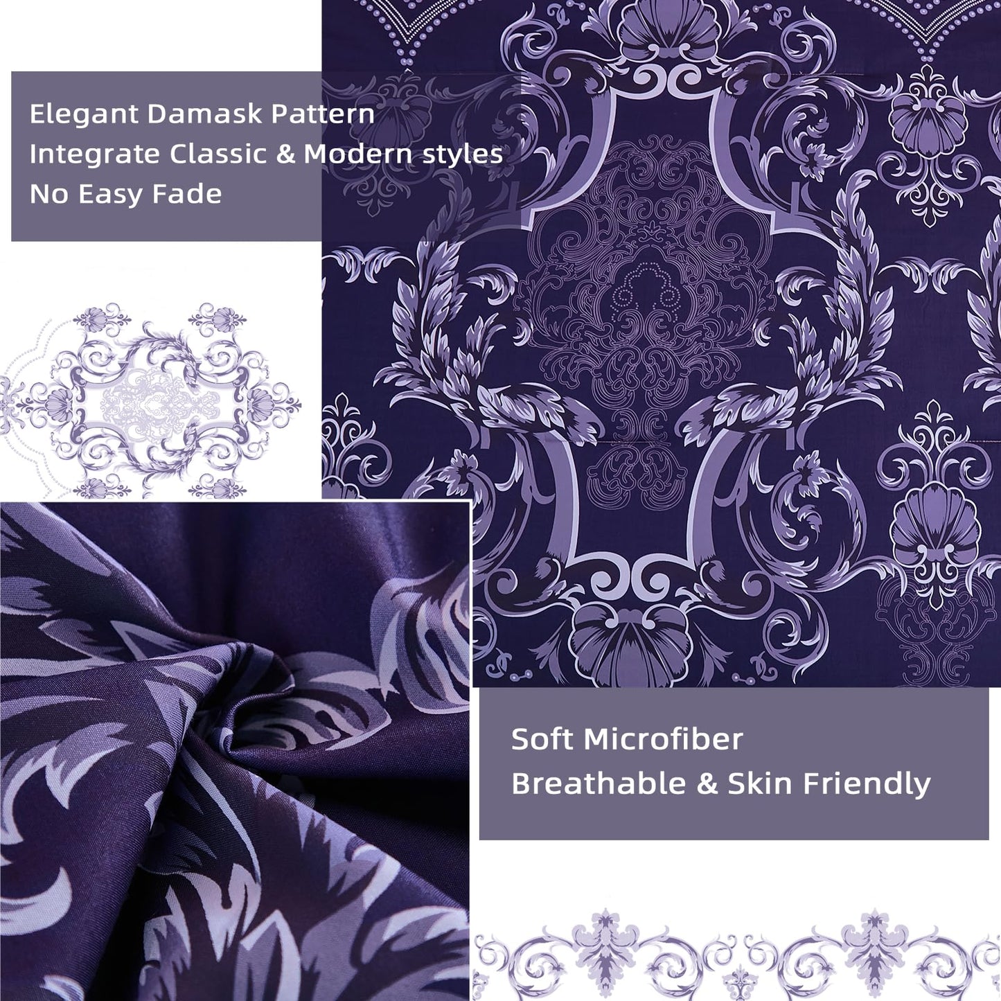 Mybedsoul Dark Purple Queen Comforter Set, 7 Pieces Boho Bed in a Bag for Queen Bed, Damask Comforter with Sheets Pillowcases, Soft Microfiber Lightweight Bedding Sets for All Season(90"x90")