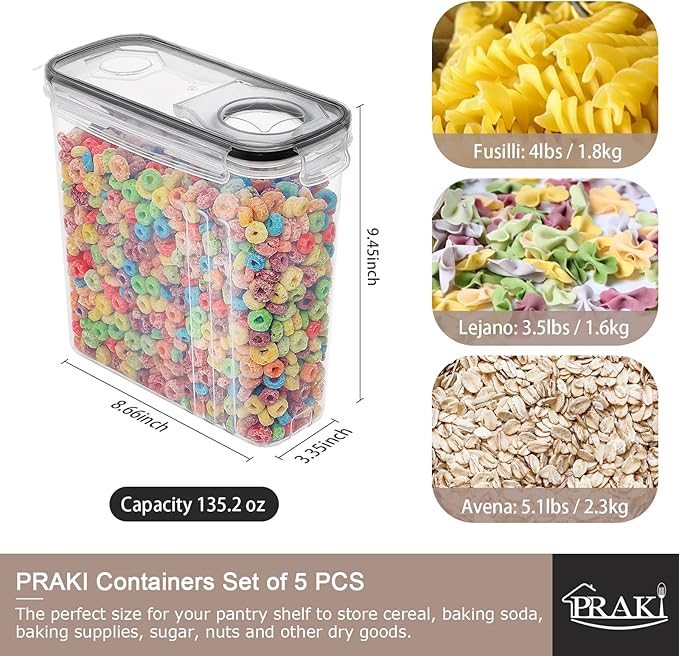 PRAKI 5PCS Cereal Containers Storage Set, BPA Free Airtight Food Storage