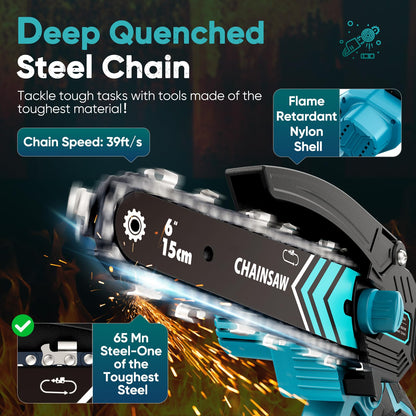8000mAh Mini Chainsaw Cordless 6 Inch, 2025 Powerful Electric Battery Life of 80-100 Minutes Chainsaw with 2 Chain and Guide Bar,Security Lock, Wood/Tree Saw for Garden Tree Trimming