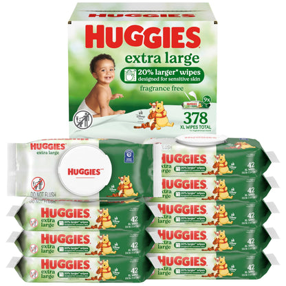 Huggies Extra Large Baby Wipes, Unscented, 9 Flip-Top Packs, 378 XL Wipes Total, Packaging May Vary