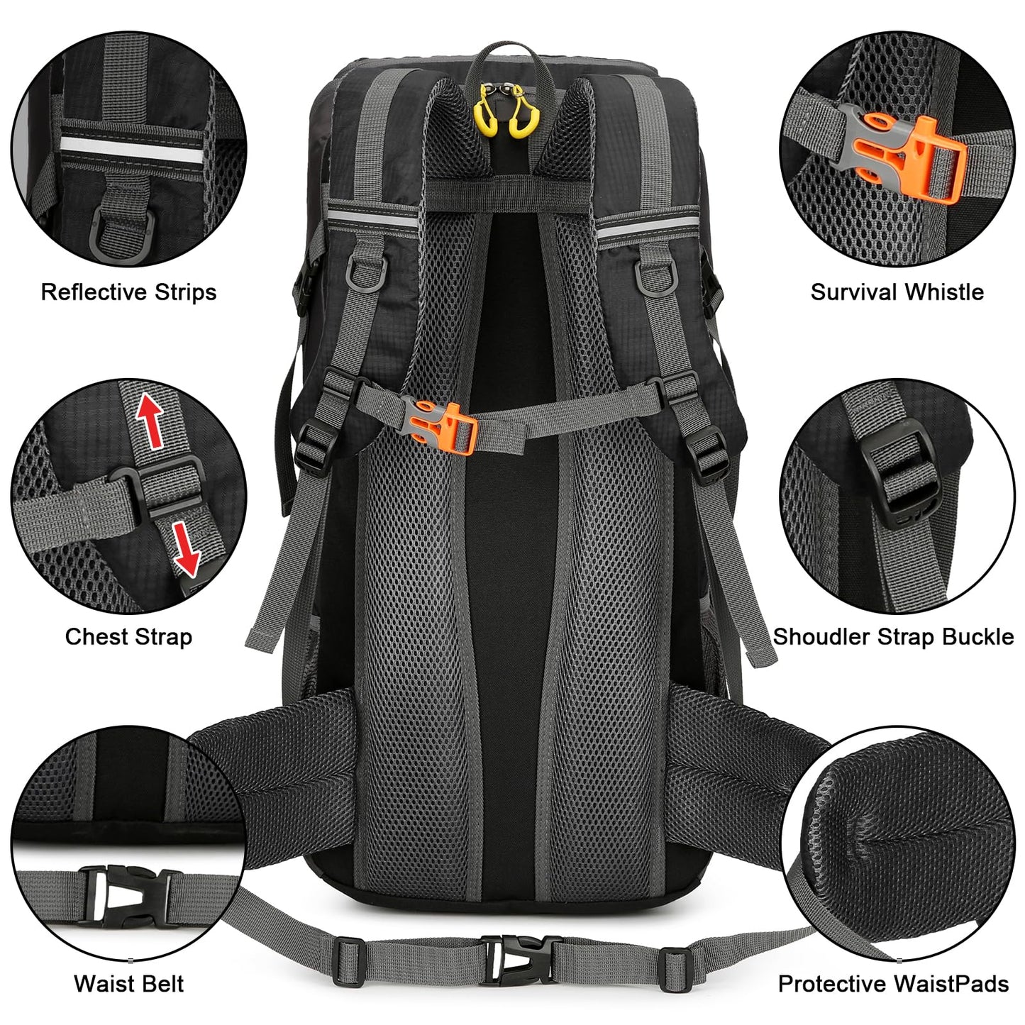 jianyana Hiking Backpack Waterproof 50L Foldable Rucksack Durable Lightweight Camping Bag with Rain Cover for Camping Trekking Hiking Walking Cycling Climbing Outdoor Sports for Women Men(Black)