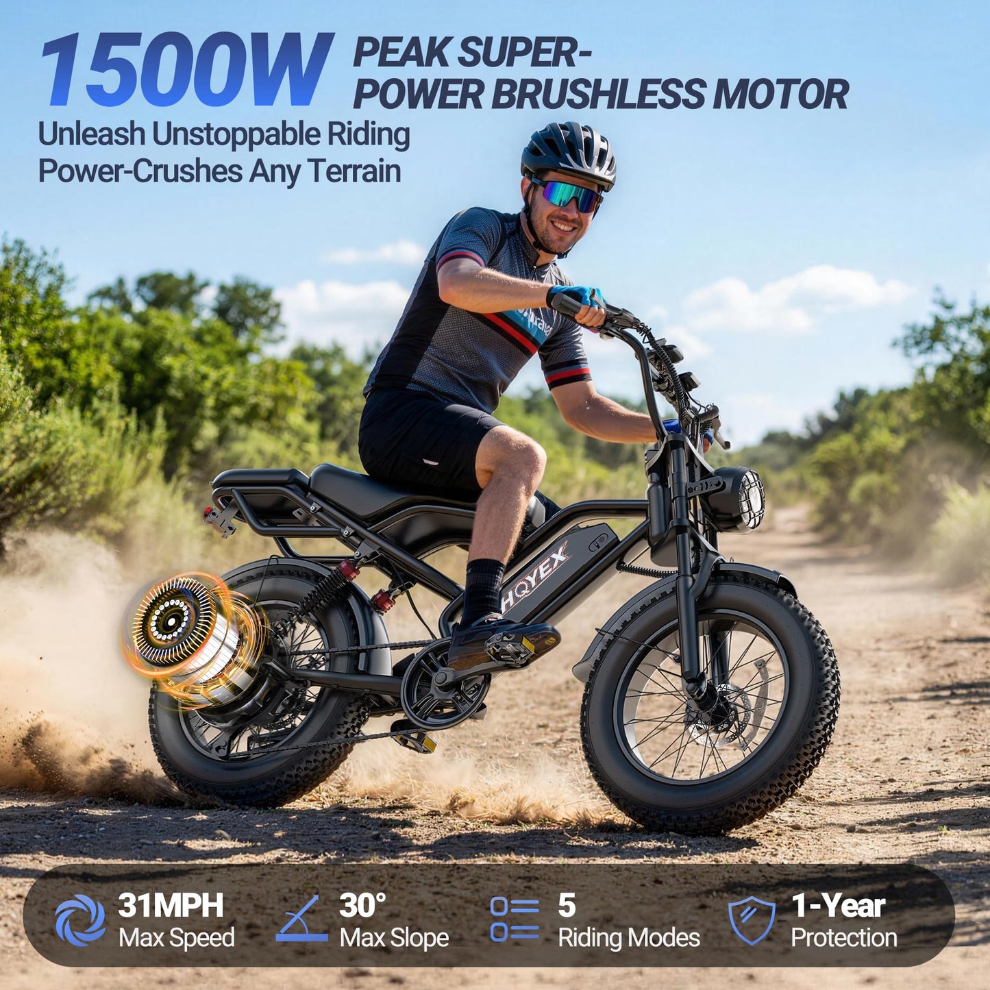 HQYEX Electric Bike for Adults, 1500W Brushless Motor Ebike, 20" Fat Tire Electric Bicycles, 48V 20Ah Battery, 31MPH Top Speed with Dual Suspension E Bikes (Black2)