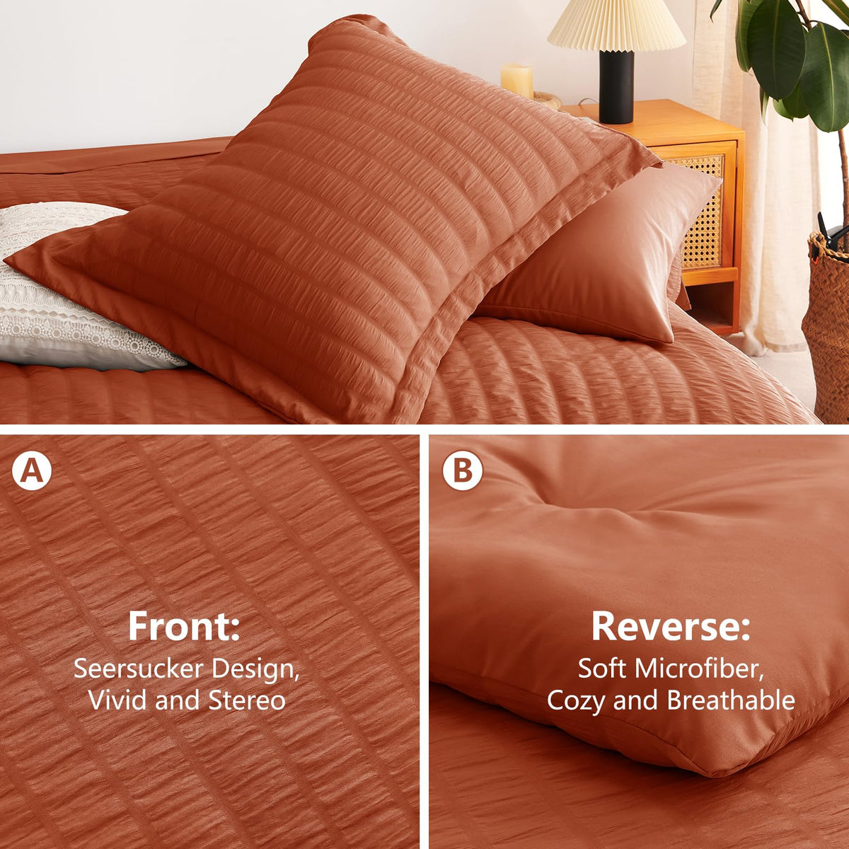 CozyLux Queen Comforter Set Burnt Orange, 7 Pieces Seersucker Textured Luxury Bed in a Bag, Terracotta All Seasons Bedding Sets with Down Alternative Comforter, Sheets, Pillowcases & Shams, Home Gift