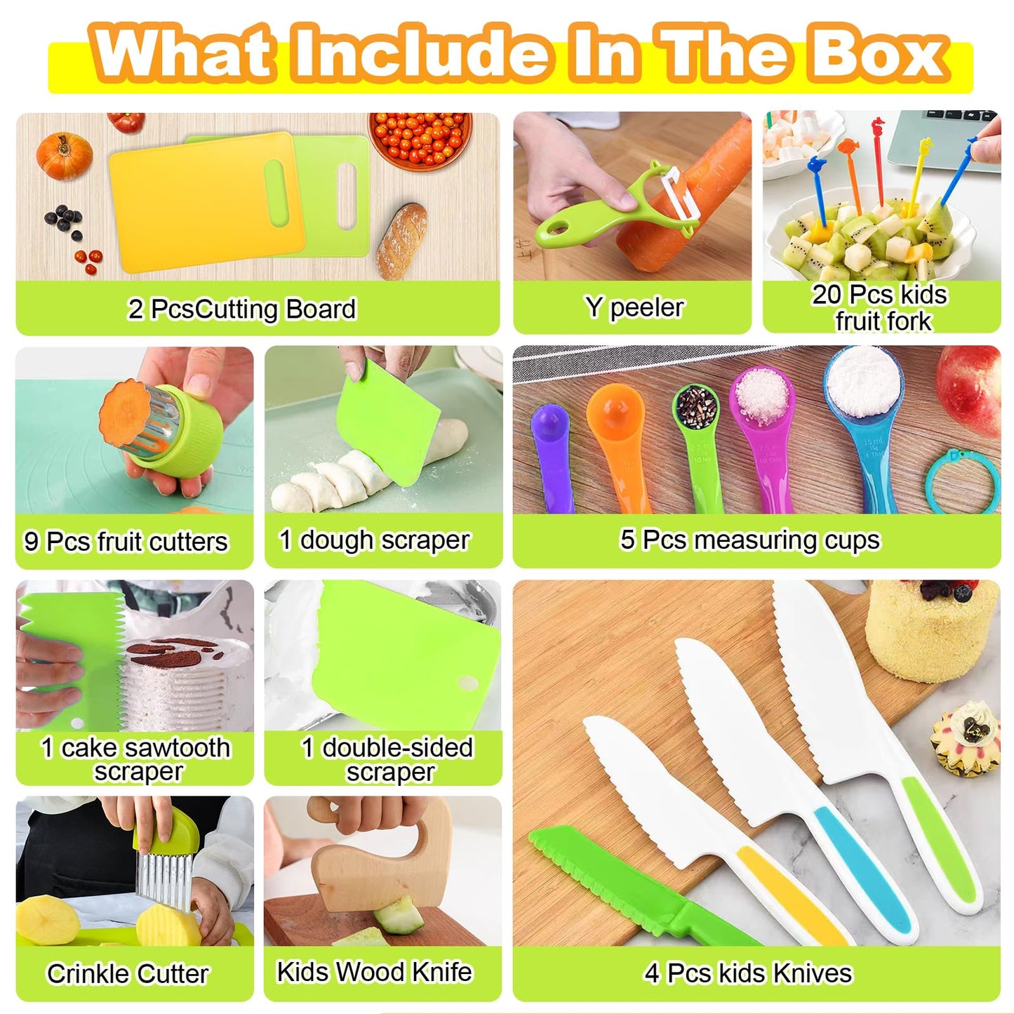 46 PCS Kids Knife Set, Toddler Knifes for Real Cooking, Montessori Kitchen Toys with Cutting Board Crinkle Cutters Kid Safe Knives, Birthday Xmas Gift for Girls Boys
