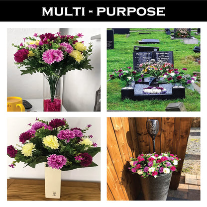 Bagari 41cm Artificial Flowers for Graves- Fake Plastic Bunch of 16 Heads- Large Mixed Bush Ivory-Liclac-Purple Delivery Next day Prime- Fresh Bouquet for Outdoor & Indoor Events Wedding Party Decor