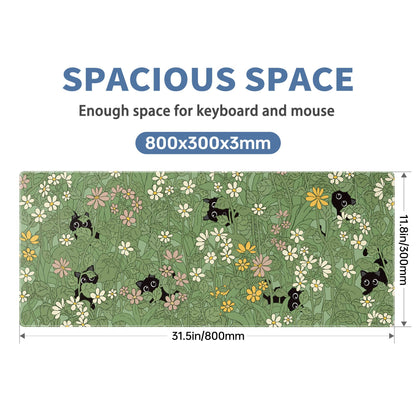 Cute Cat Mouse Pad Large Green Desk Mat Extended Keyboard Mouse Pad Kawaii Mousepad with Non-Slip Base and Stitched Edge Plant Mouse Mat Desk Pad 31.5 x 11.8 in Mouse Pads for Decor Home Office Gaming