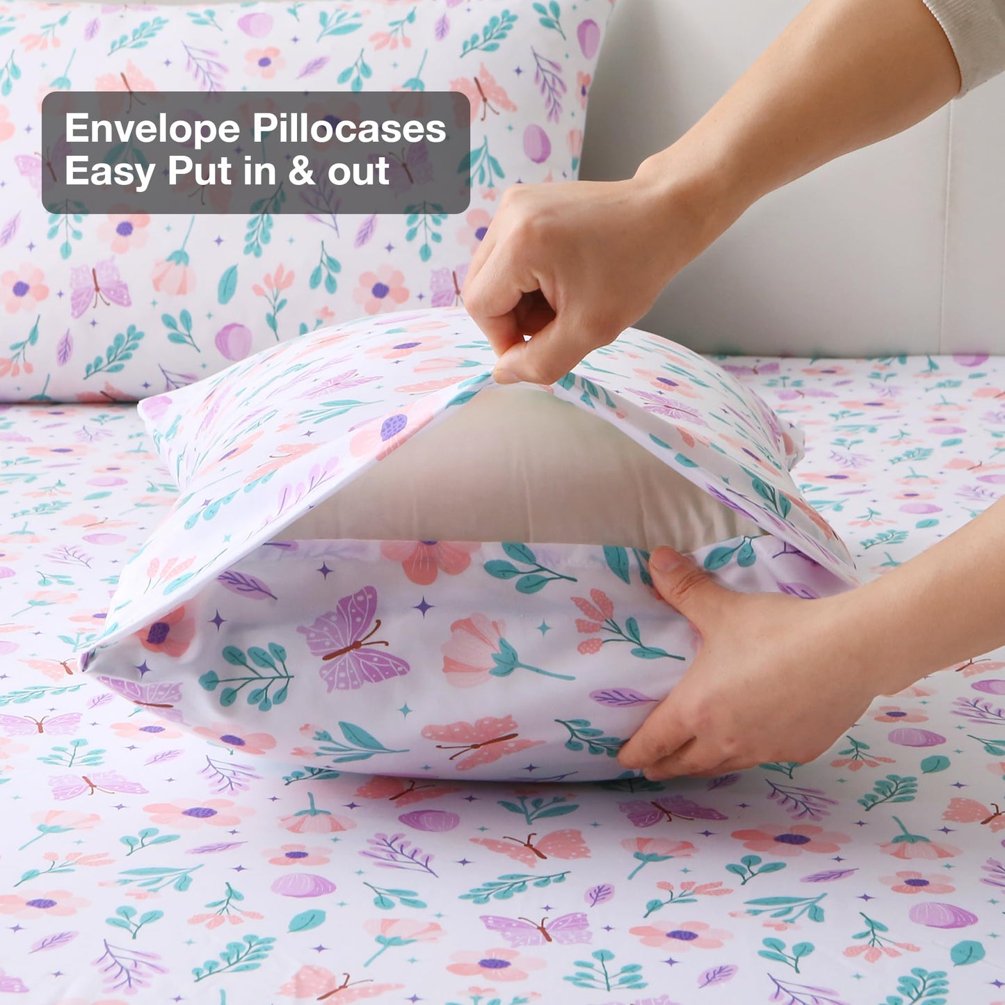 Viviland Floral Twin Sheet Set - 3 Piece Pink-Purple Butterfly & Flower Botanical Patterned Bed Sheets - Soft, Breathable Microfiber Sheets with Deep Pocket, Non-Slip Fitted Sheets & Pillowcases