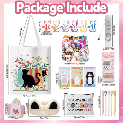 Cat Gifts for Cat Lovers Cat Office Supplies Canvas Tote Bag Spa Headband Cute Sticky Notepad Paper Clips Ballpoint Pen Cartoon Stickers Party Favor for Birthday Festival Gifts