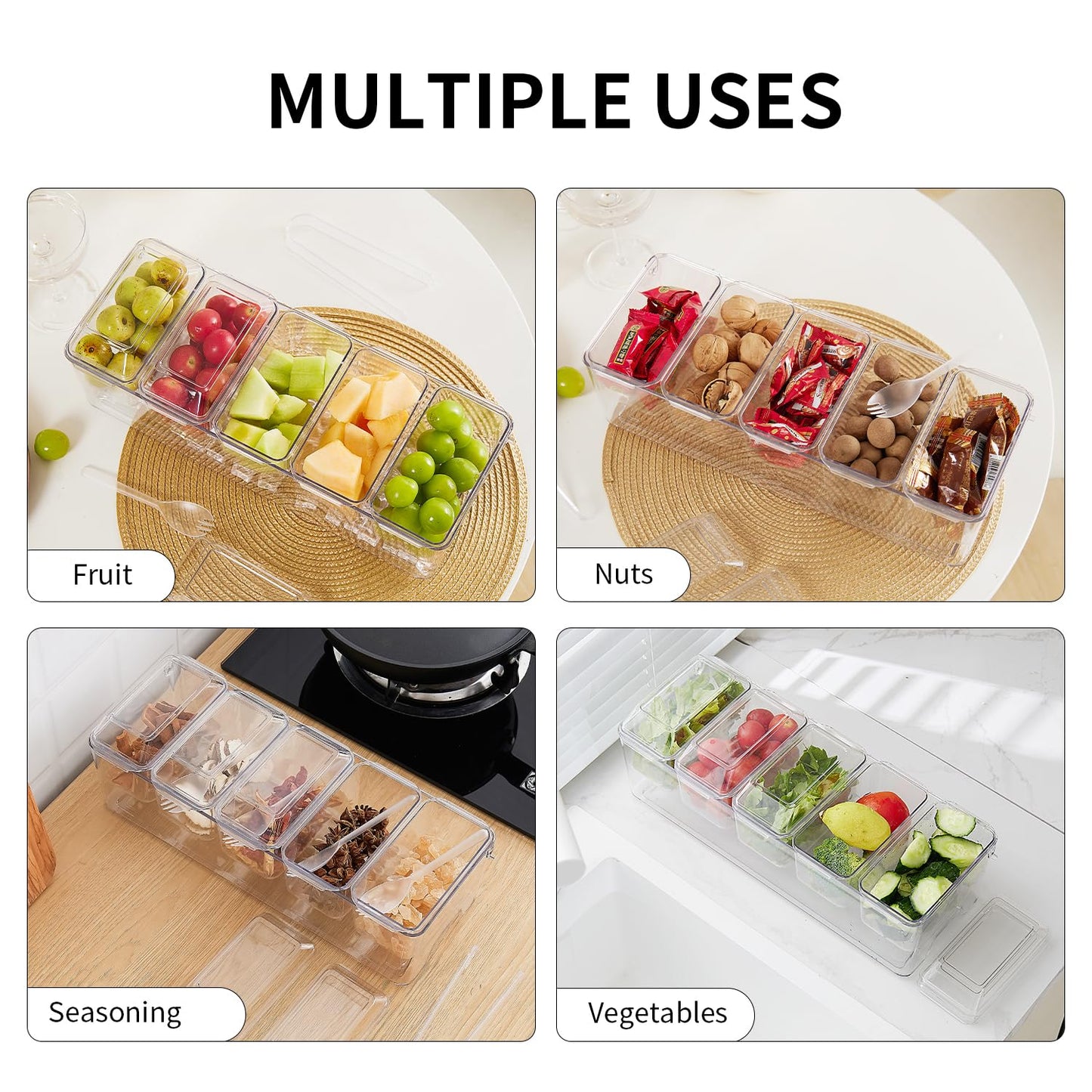 Chilled Condiment Server，Taco Bar Serving Set for Party，15.3" Condiment Serving Platters with 5 Separate Lids and Removable Compartments, Set of 5 Serving Spoons & 2 Clips (5 Containers, 1 pack)