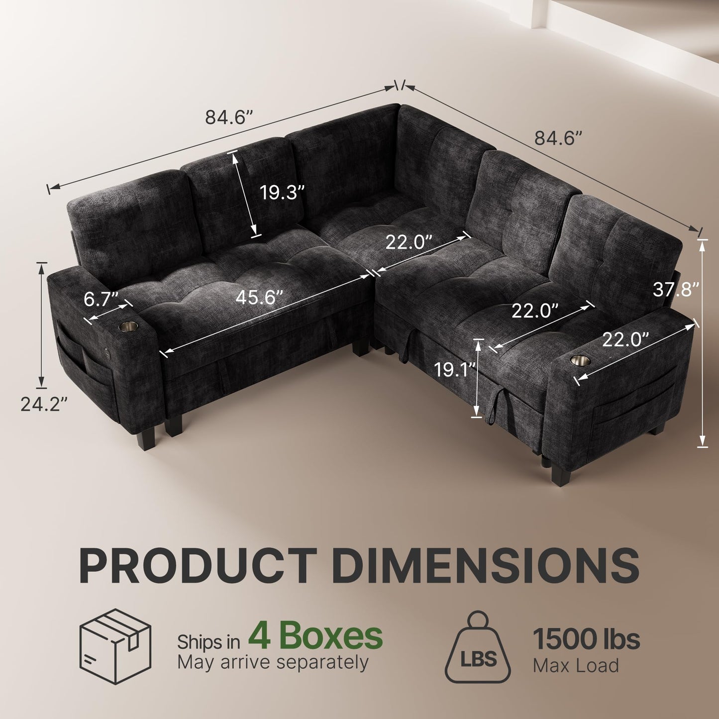 Marsail 85" Sectional Sleeper Sofa with Pull Out Bed, 5 Seat Modular Sectional Sofa with Storage, USB Ports & Cup Holders, Sectional Couches for Living Room, Modern Chenille Cloud Couch, Dark Gray
