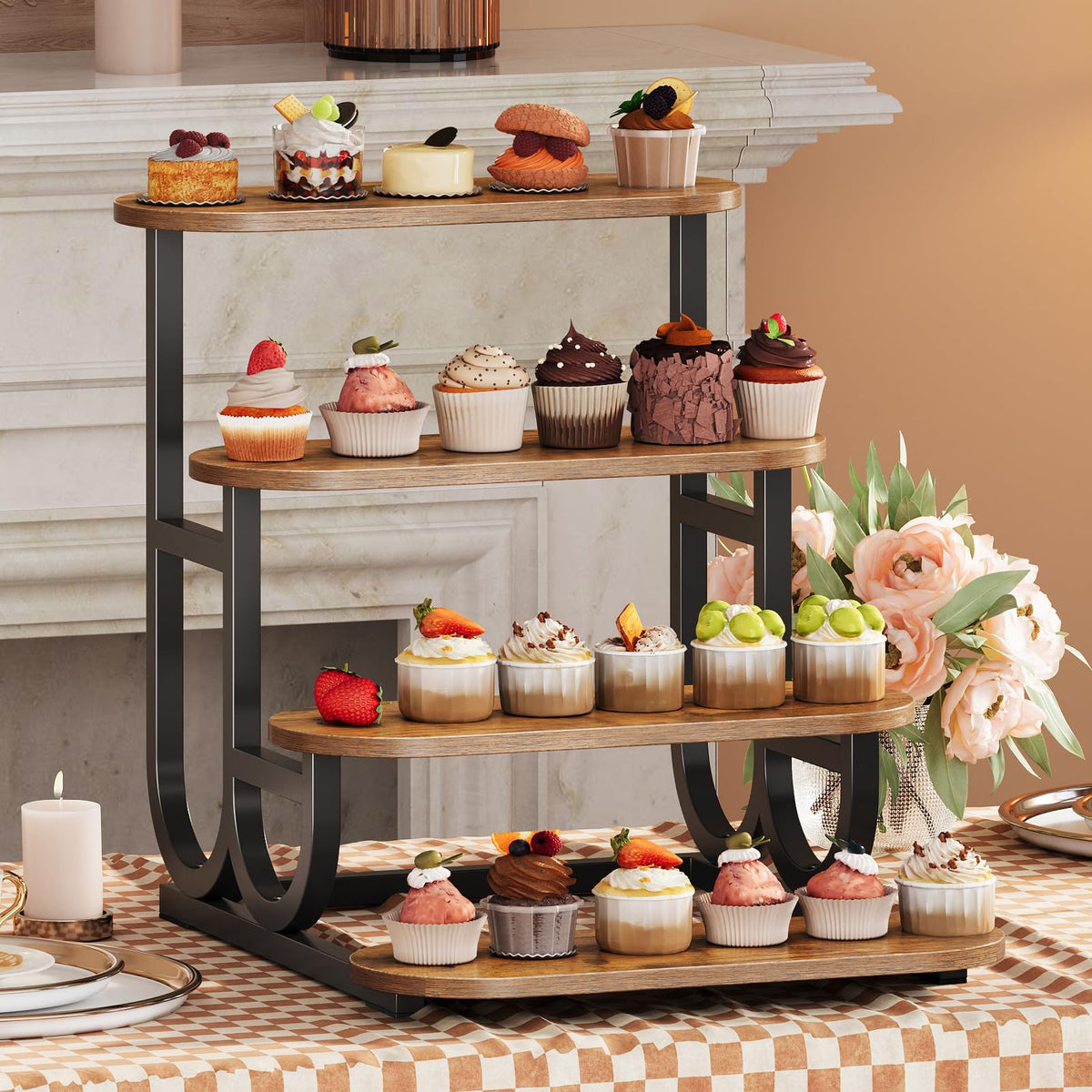 Trironsun Rustic Stepped Cupcake Stand for 50 Cupcakes 4-Tier Wooden Display Stand with Metal Frame Dessert Table Riser Shelf for Part, Bakery Farmers Market or Home Decor