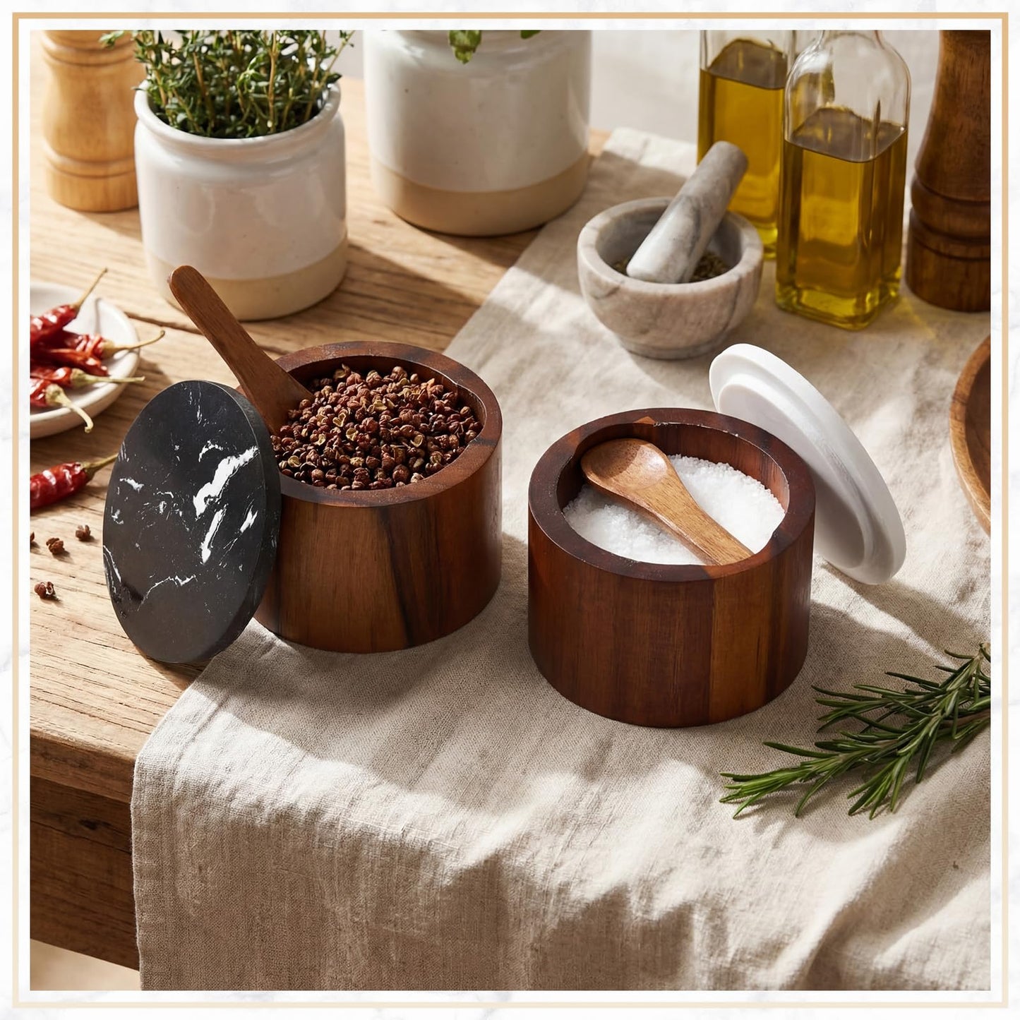 Singhoow 2 Pcs Acacia Wood Salt Cellar with Marble Lid Salt and Pepper with Spoon Natural Acacia Spice Container Decorative White Black Marble Cover for Kitchen Counter