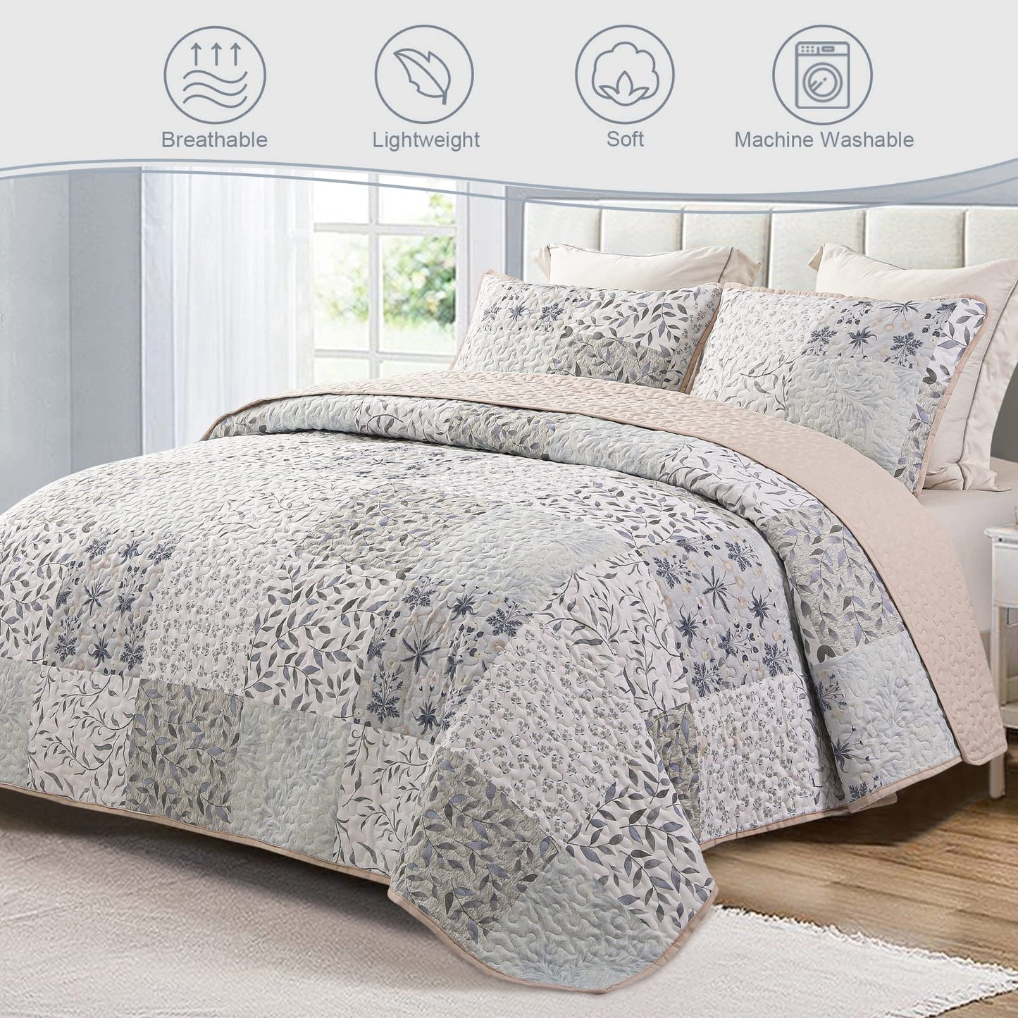 Exclusivo Mezcla Reversible Boho Quilts Queen Size, Gray Soft Bedspreads Lightweight Coverlet All Season Patchwork Quilt Bedding Set with Printed Floral Pattern (1 Quilt, 2 Pillow Shams)