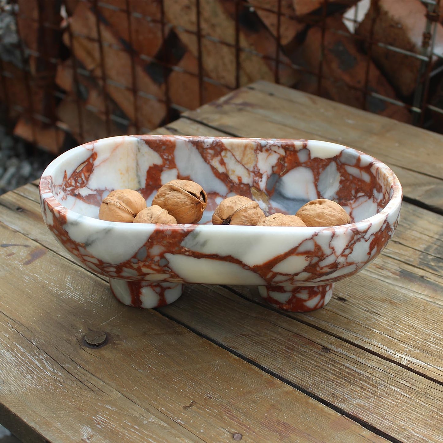 Nawgnail Natural Oval Calacatta Red Marble Fruit Bowl for Kitchen Counter 10", Large Decorative Bowl Two-Legs for Home Decor, Fruits Holder For Dining Table - Kitchen Organization