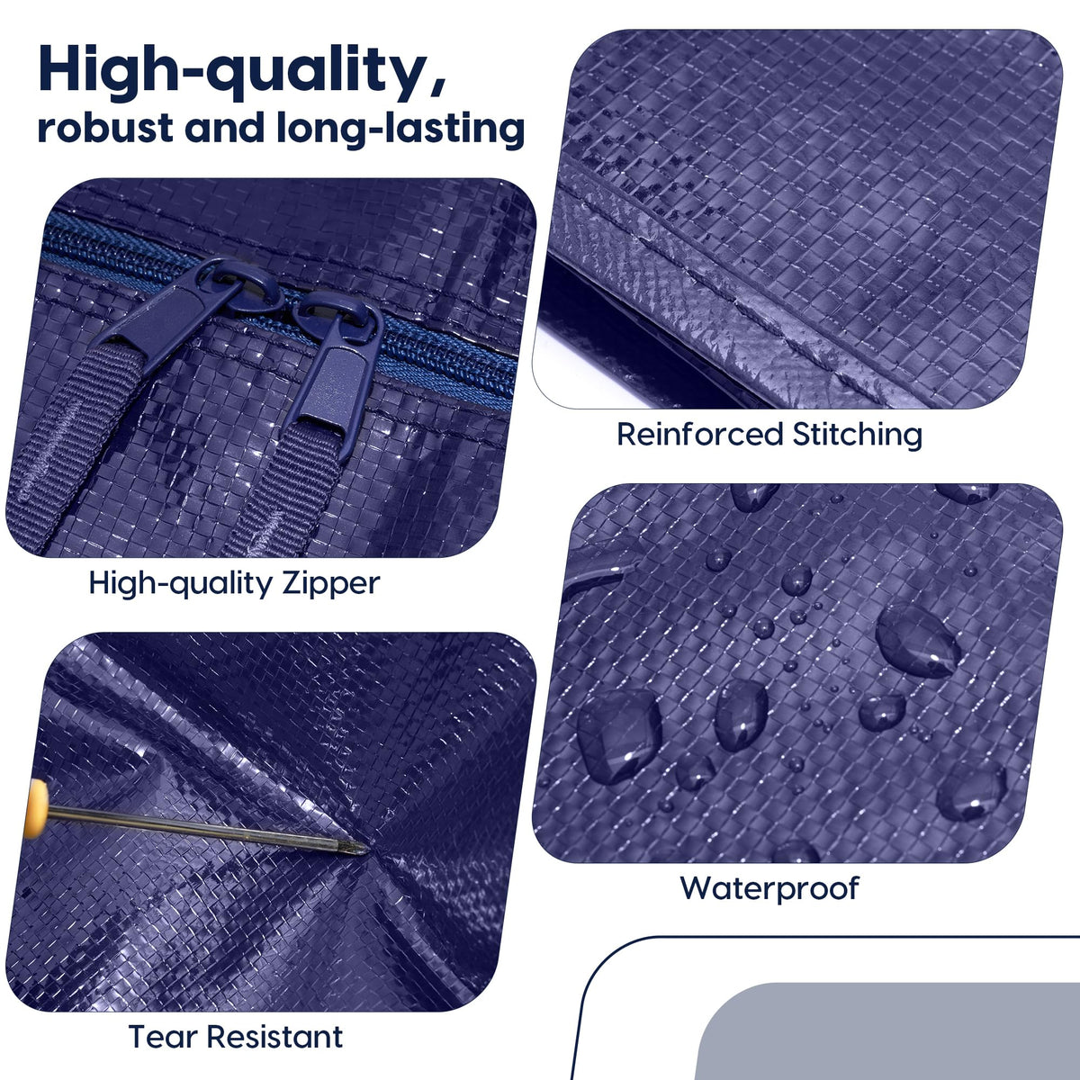 RMOHRO 6 Pack Moving Bags Heavy Duty 210GSM with Full-Open Side Zipper, 93L 220lbs Waterproof Foldable Storage Totes for College Dorm Move-In, Lidded Storage Bins., Blue