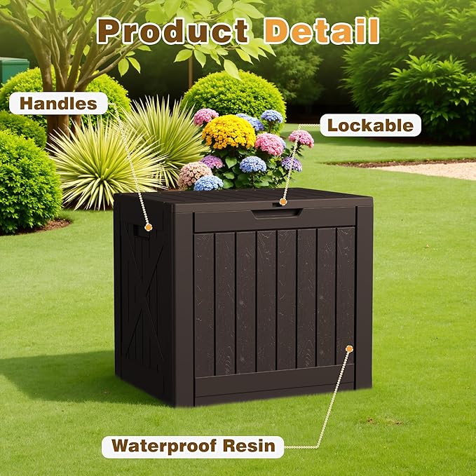 Flamaker Resin Deck Box 40 Gallon Waterproof Outdoor Indoor Storage Box Imitation Wood Resin for Patio Furniture Garden Tools and Pool (Deep Brown)