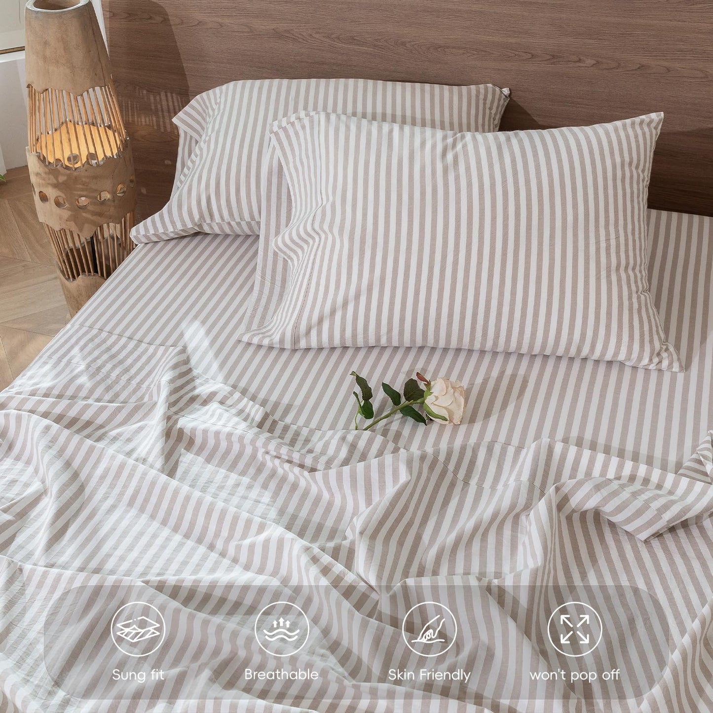 MooMee Striped Fitted Bottom Sheet Only 100% Washed Cotton Linen Like Textured Breathable Durable Soft Comfy Deep Pocket Fits Mattress up to 17" (Tannish Linen Grey White Classic Stripes, Queen)