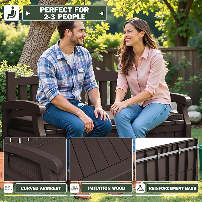 Flamaker 80 Gallon Storage Bench with Cushions Outdoor Indoor, Durable All-Weather Seating with Hidden Storage, Lockable Deck Box for Garden, Patio, Poolside (Brown)