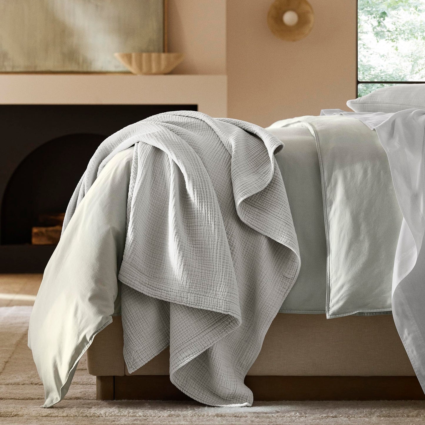 BOLL & BRANCH Dream Throw Blanket - One Size, Mist - Luxury 100% Organic Cotton - Soft, Lightweight and Breathable - Cloud-Like Touch - 50x70 Inches