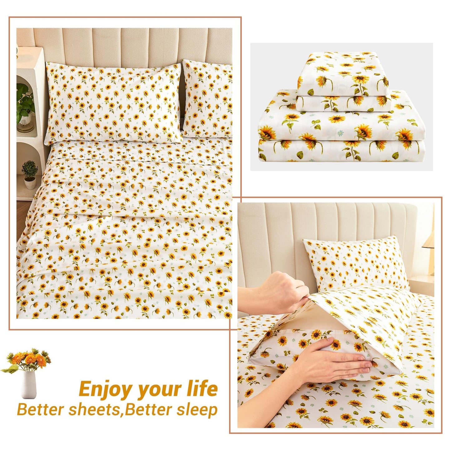 Softan Floral Sheet Set Full, Sunflower Printed Bed Sheets Double, Brushed Microfiber Fitted Sheet with 15" Deep Pocket & Non-Slip Straps, Yellow Flower Pattern Sheet & Pillowcase Sets