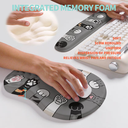 KUOSGM 2-in-1 Ergonomic Set, Wave Rise Keyboard Wrist Rest and Massage Bulge Slope Mouse Pad Wrist Support, Cushion Memory Foam Integrated to Relieve Wrist Pain, Cute Cat Paws