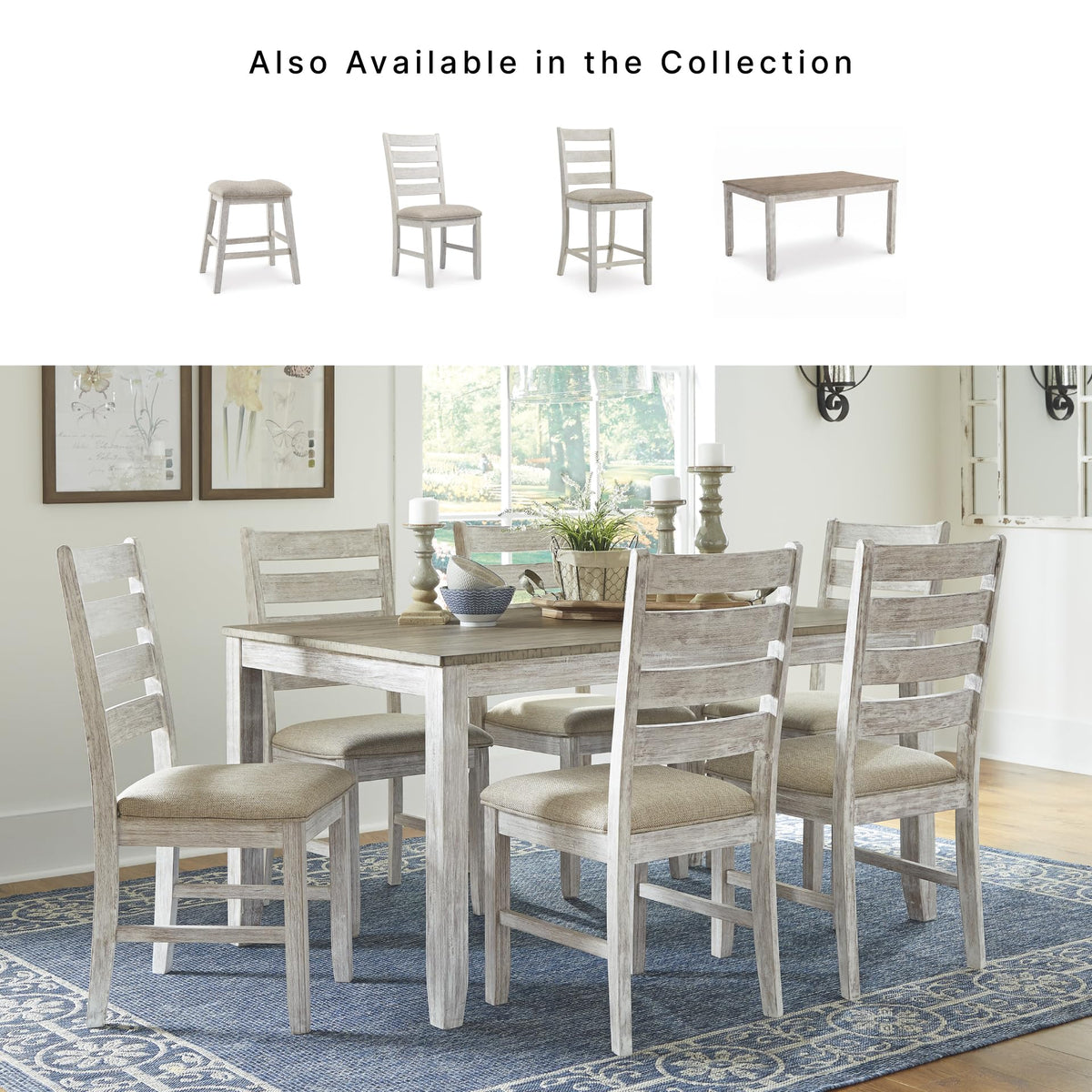 Signature Design by Ashley Skempton 3 Piece Counter Height Dining Table and Bar Stools Set, Built-in Storage, Wood, Acacia Veneer and Engineered Wood, Small Kitchen Table, White/Light Brown