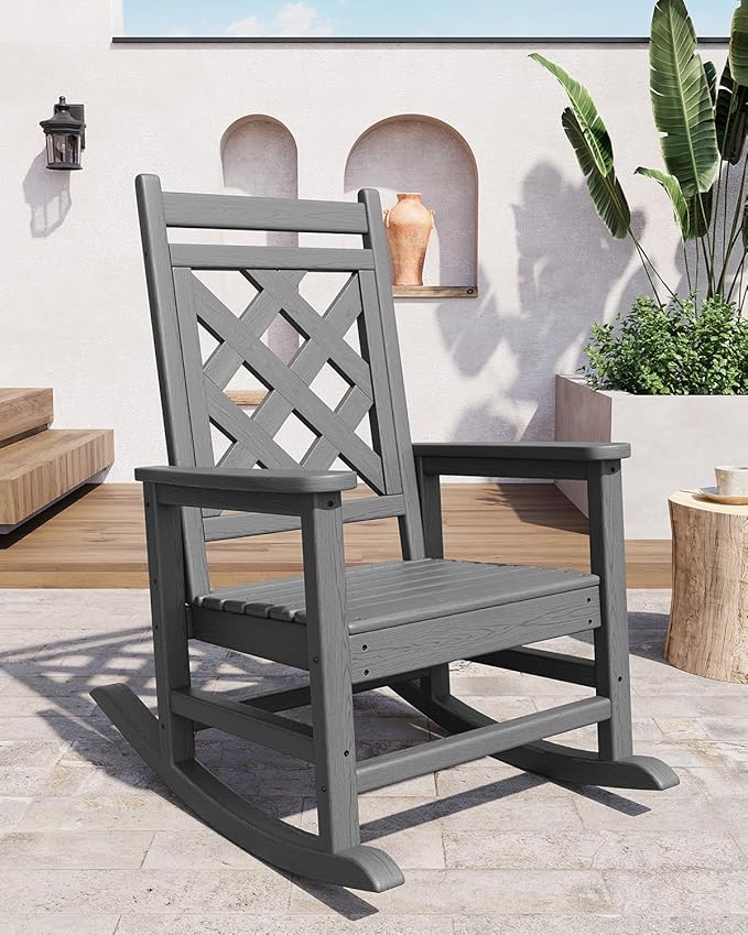 GarveeLife Outdoor Rocking Chair Set of 6, HDPE Weather Resistant Patio Rocking Chair Porch Rocker with Wood Texture & 380 LBS Support for Deck, Pool, Backyard, Gray