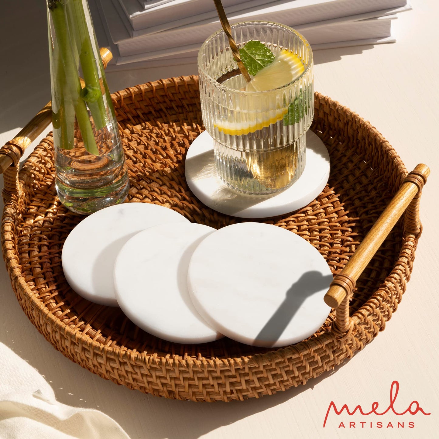 Mela Artisans White Marble Coasters Set of 4 – Round Stone Coasters for Drinks – Elegant White Coffee Table Decor – Handcrafted Natural Marble Cup Mat for Wine, Water & Beer