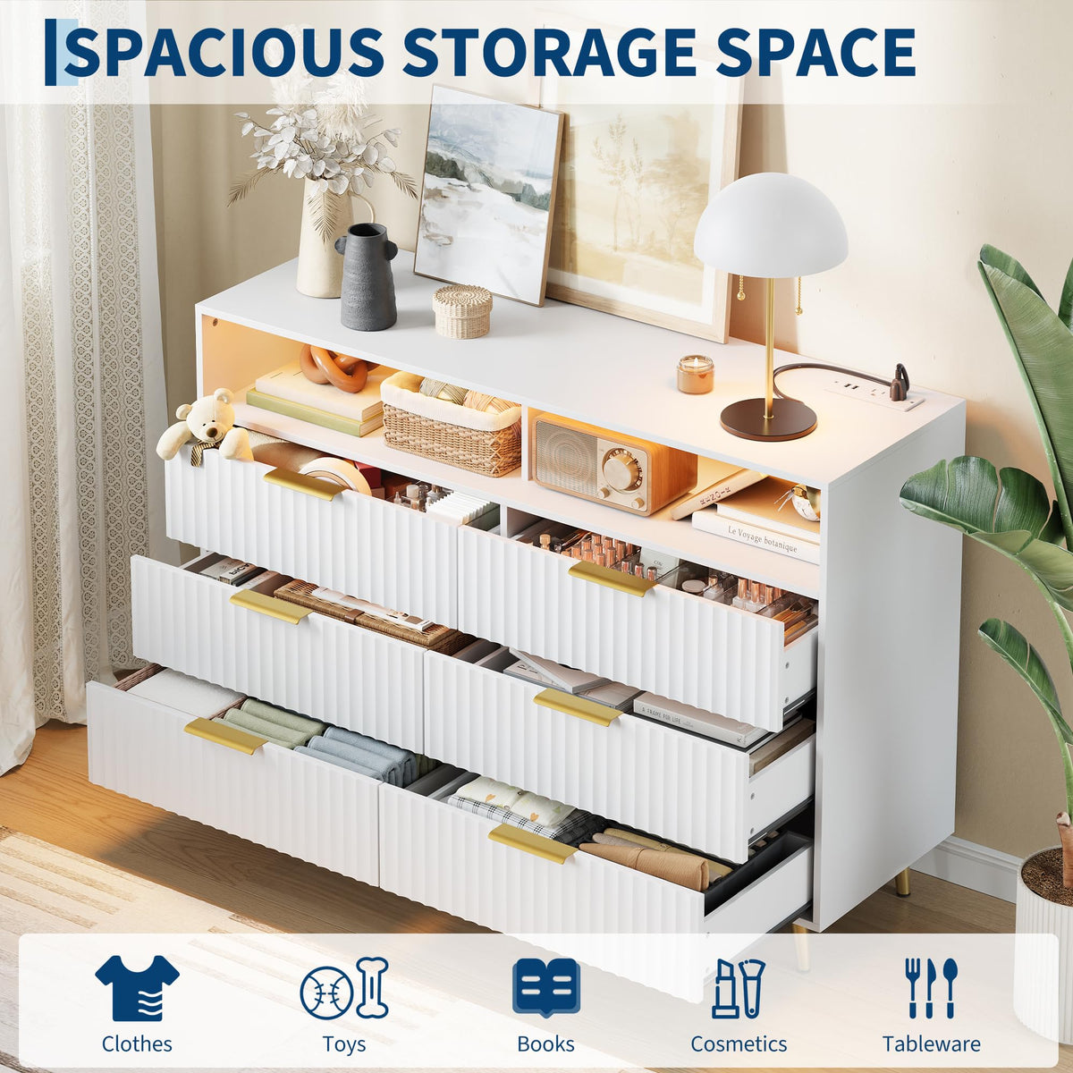 IDEALHOUSE 6 Drawer Fluted Dresser for Bedroom, 47.2" Wide Modern Chest of Drawers with Metal Handles, Wooden TV Stand, Storage Organizer for Closet, Living Room, Hallway, White