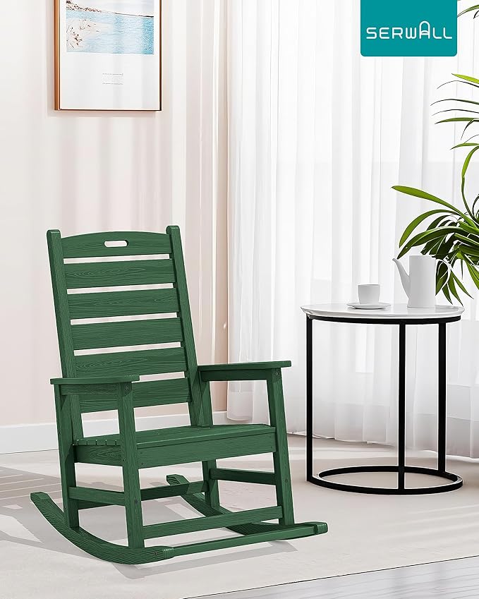 SERWALL Outdoor Rocking Chair Set of 2, Oversized Rocking Chair with Footboard for Adults, HDPE All Weather Resistant Rocking Chairs for Patio, 350lbs Weight Capacity,Green