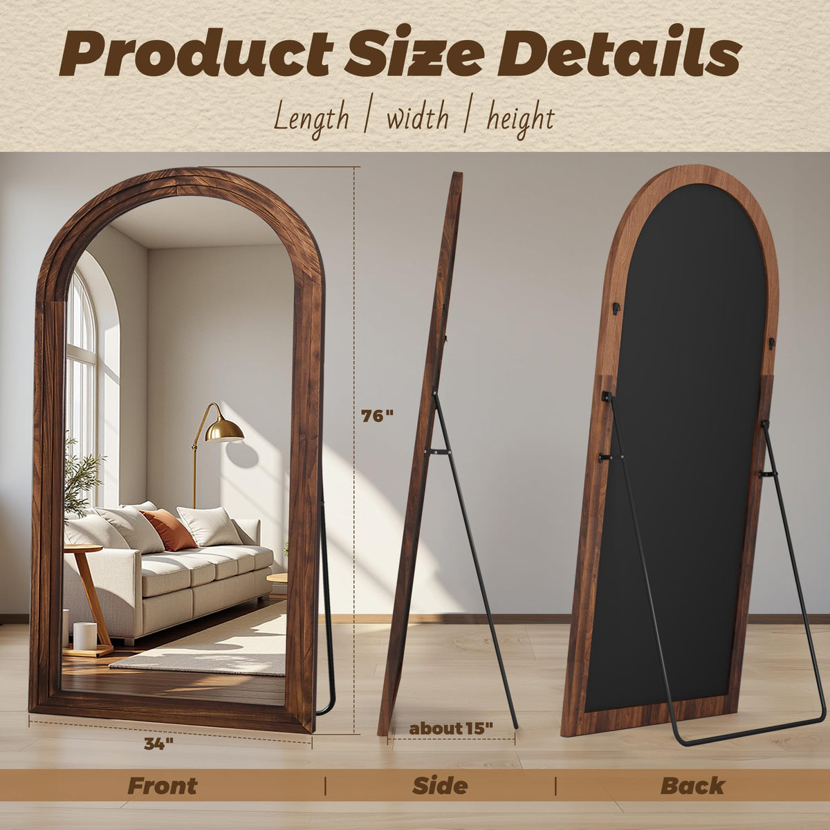 Antok Full Length Mirror with Solid Wood Frame, 76"×34" Wall Mounted Oversized Floor Mirror with Stand, Leaning Standing Hanging for Bedroom Living Room Entryway, Walnut, Arched Syle