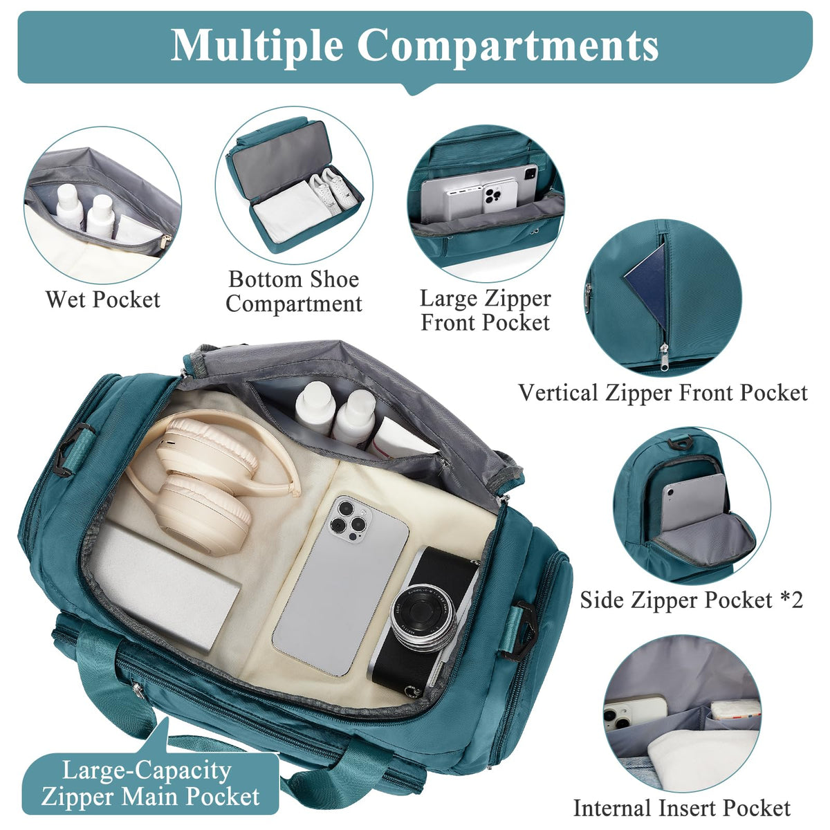 Travel Duffle Bag, Weekender Bags for Women,Carry On Overnight Personal Item Travel Bag with Shoes Compartment,Peacock Blue