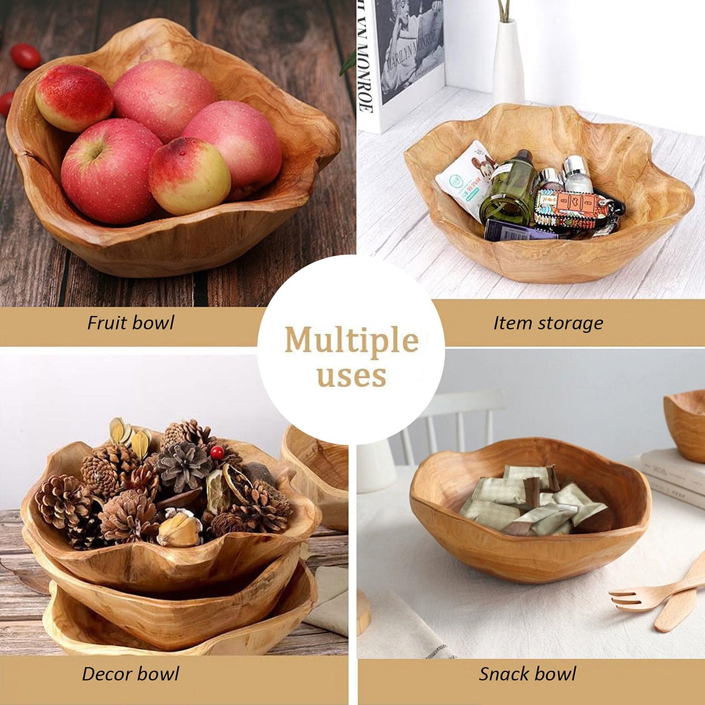 MIATTCLD Wooden Bowl Decorative Natural Wood Fruit Bowl, Irregular Creative Wood Bowls, Rustic Hand Carved Candy Snack Keys Serving Bowls for Home Decor (6"-8" Diameter)