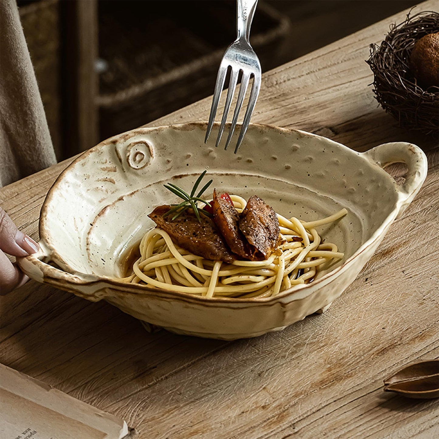 Amitofo Free-Form Edge Small Ceramic Bowl with Handles, Retro Distressed Style Glazed for Fruit Bowl,Salad Bowl,Table Centerpiece Decor
