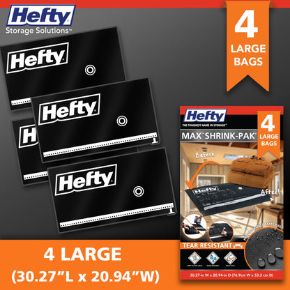 Hefty MAX Shrink-Pak Vacuum Seal Storage Bags for Clothing, Travel, Bedding | Tear & Water Resistant, Dual-Valve Space Saver Compression Bags - Large, 4-Pack
