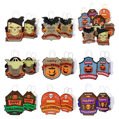 YUEZODU 16 Pcs Halloween Paper Bags with Handle, Gift Tote bags in 8 Designs for Trick or Treat Party Favors Supplies