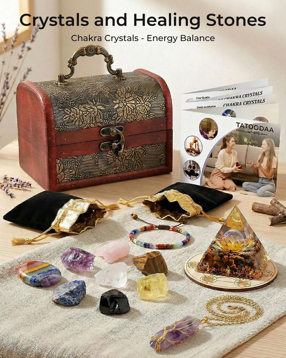 Crystals and Healing Stones Set - Chakra Crystals, Thumb Worry Stones, Golden Orgone Pyramid for Positive Energy - Flower of Life, Chakra Bracelets, 7 Chakra Stones Set, Birthday Gifts for Women